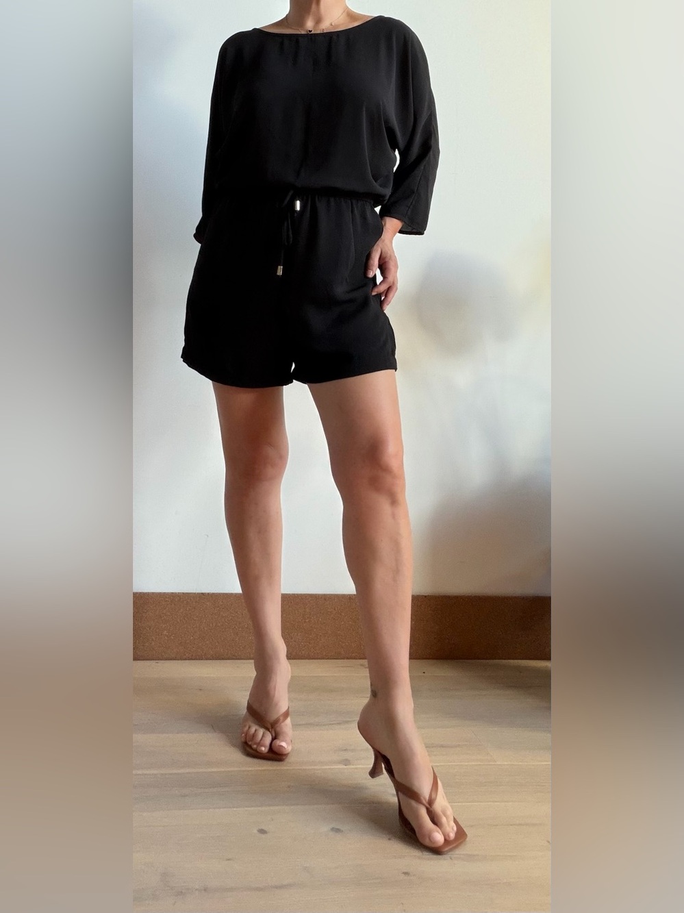 Veronica M Black Drawstring woven romper size S